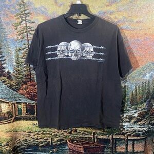 Anvil Black Tee with Skull and Barbed Wire Design